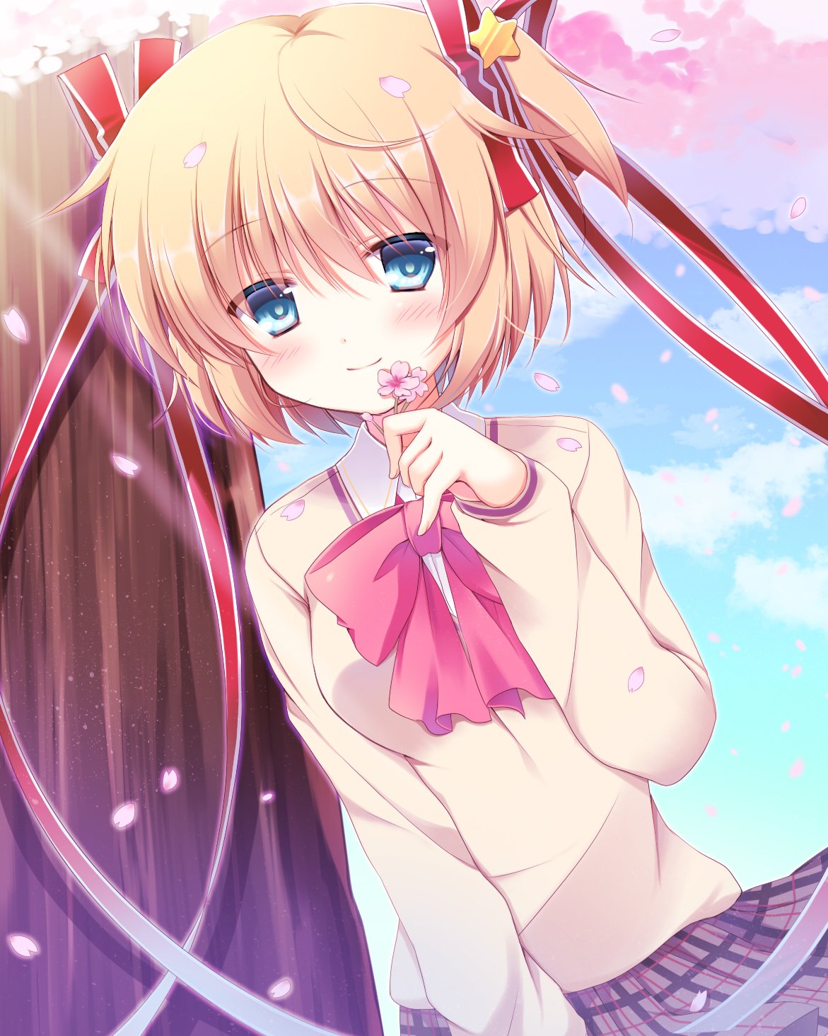 1girl beige_sweater blonde_hair blue_eyes bow cherry_blossoms commentary_request cowboy_shot grey_skirt hair_ornament hair_ribbon highres kamikita_komari little_busters!! looking_at_viewer pink_bow plaid plaid_skirt pleated_skirt pokopi red_ribbon ribbon school_uniform short_hair skirt smile solo star star_hair_ornament tree twintails