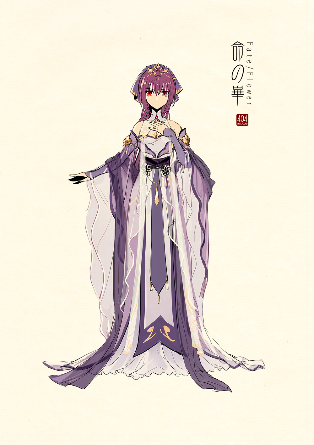 adapted_costume bangs bare_shoulders beige_background chinese_clothes closed_mouth detached_sleeves dress fate_(series) full_body hair_between_eyes hanfu headdress headpiece highres long_hair long_sleeves looking_at_viewer outstretched_arm purple_dress purple_hair purple_ribbon red_eyes ribbon robe sash scathach_(fate)_(all) scathach_skadi_(fate/grand_order) see-through shawl simple_background solo standing tiara very_long_hair wide_sleeves zerocastle