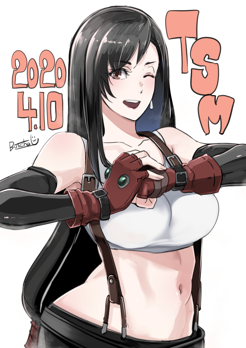 1girl ;) black_hair breasts brown_eyes butcha-u clenched_hand collarbone commentary_request crop_top dated detached_sleeves earrings final_fantasy final_fantasy_vii final_fantasy_vii_remake fingerless_gloves gloves highres jewelry large_breasts long_hair looking_at_viewer low-tied_long_hair midriff navel one_eye_closed palm-fist_greeting red_gloves skirt smile solo studded_gloves suspender_skirt suspenders tank_top tifa_lockhart white_tank_top