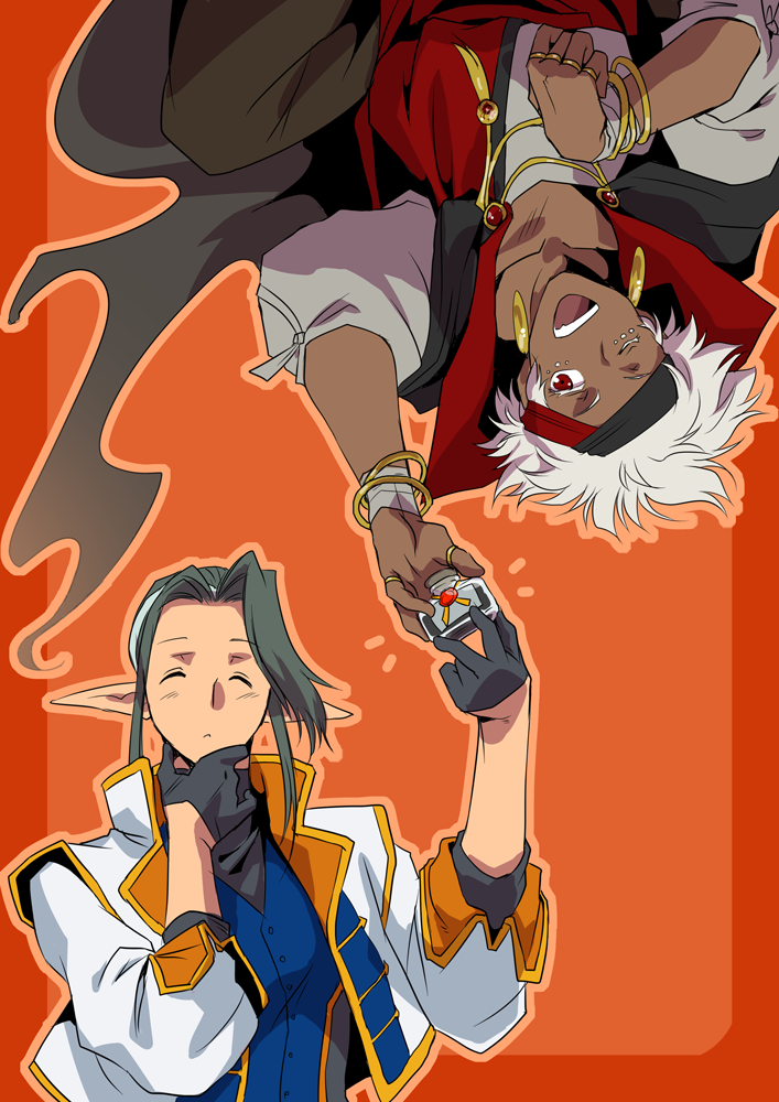 2boys :d bangle black_cape black_gloves black_hair blackluck_(pixiv_fantasia_age_of_starlight) bracelet cape closed_eyes dark_skin dark_skinned_male earrings elf gloves inkwell jewelry multiple_boys one_eye_closed open_mouth orange_background pixiv_fantasia pixiv_fantasia_age_of_starlight pointy_ears red_eyes ring smile upper_body white_hair xai_inkers yagisaka_seto