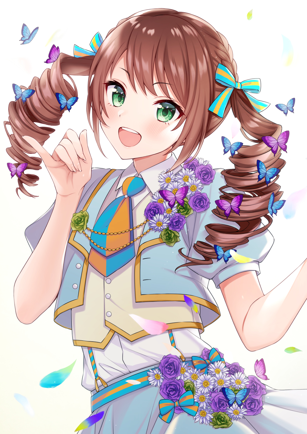 1boy akariko alternate_costume bangs blue_jacket blush brown_hair bug butterfly commentary_request crossdressinging dress drill_hair eyebrows_visible_through_hair flower green_eyes highres idolmaster idolmaster_side-m insect jacket long_hair looking_at_viewer male_focus mizushima_saki open_mouth otoko_no_ko purple_flower short_sleeves smile solo twin_drills twintails upper_teeth white_flower