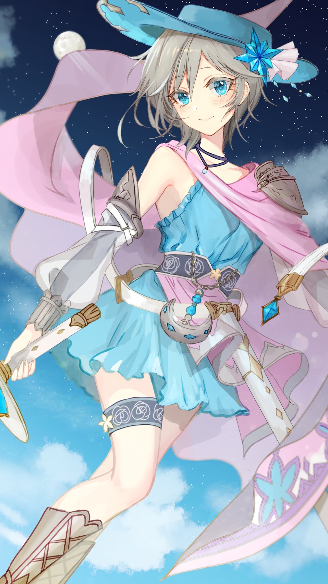 1girl bangs blue_dress blue_eyes blue_headwear blue_sky blush boots cape clouds collarbone crossover detached_sleeves dress eyebrows_visible_through_hair floral_print granblue_fantasy grey_hair hat highres holding holding_sword holding_weapon idolmaster idolmaster_cinderella_girls jewelry knee_boots looking_at_viewer moon necklace night night_sky rum_raisin_(chihiromakita19) see-through see-through_silhouette sheath short sky sleeveless sleeveless_dress smile solo star_(sky) sword thigh_strap weapon