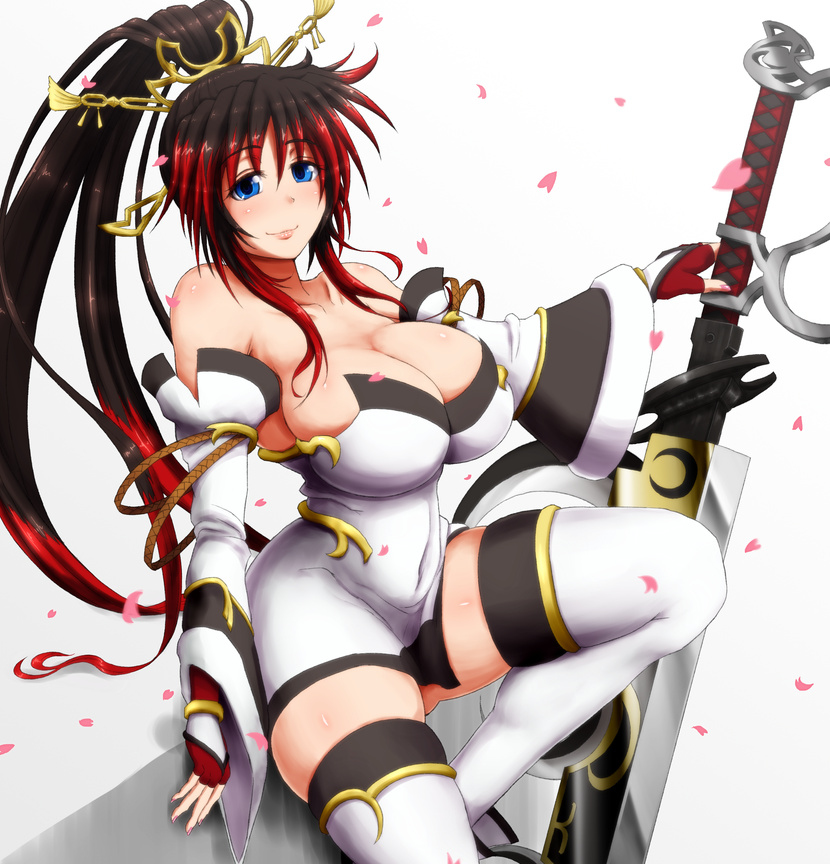 1girl bare_shoulders black_hair blue_eyes breasts curvy detached_sleeves dress fingerless_gloves gloves hair_ornament high_ponytail huge_breasts huge_weapon looking_at_viewer multicolored_hair nanbu_kaguya petals ponpo red_gloves redhead simple_background sitting smile solo strapless strapless_dress super_robot_wars super_robot_wars_og_saga_mugen_no_frontier sword thick_thighs thigh-highs thighs weapon white_dress