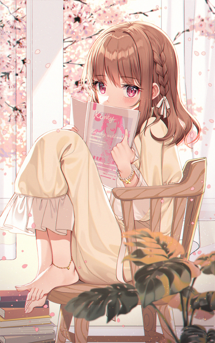 1girl bangs barefoot blurry blurry_foreground blush book_stack braid brown_dress brown_hair chair cherry_blossoms commentary_request covered_mouth depth_of_field dress eyebrows_visible_through_hair flower hair_ribbon holding kinty knees_up long_hair long_sleeves looking_at_viewer magazine on_chair original petals pink_flower red_eyes ribbon sitting solo toes white_ribbon window