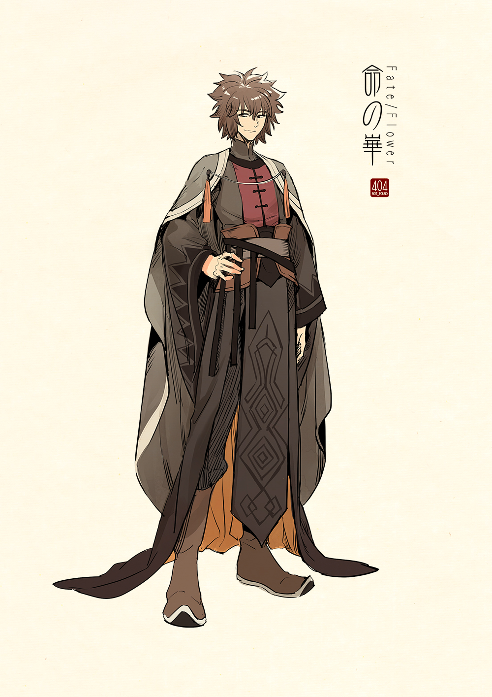 1boy arm_at_side bangs beige_background boots brown_footwear brown_hair cape chinese_clothes closed_mouth fate_(series) full_body hand_on_hip hanfu highres long_sleeves looking_away male_focus pants robe sash sideways_glance simple_background smile solo standing tassel toggles wide_sleeves zerocastle