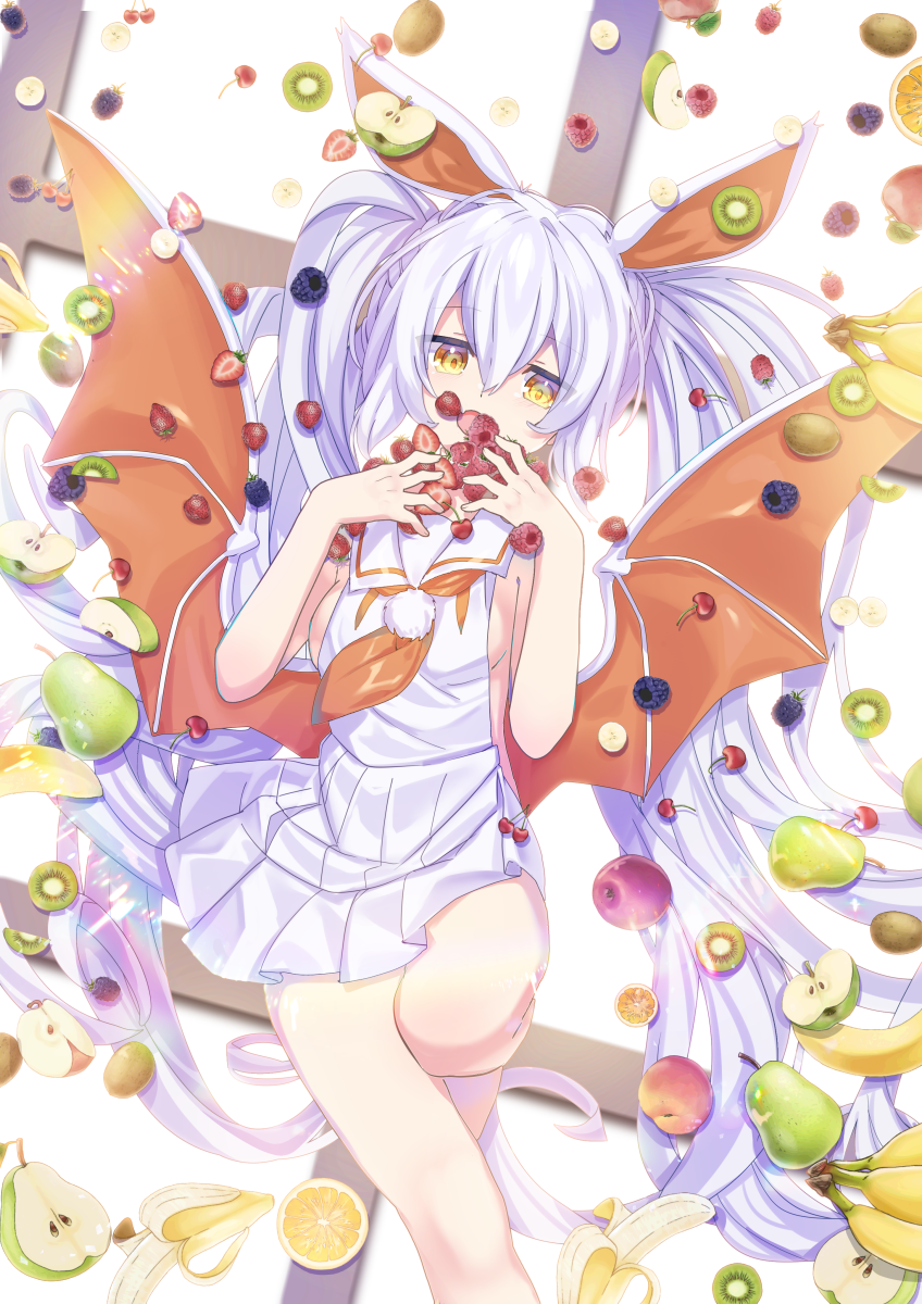 1girl :o animal_ears apple apple_slice banana bangs bare_arms bare_shoulders bird blueberry breasts brown_wings commentary_request eyebrows_visible_through_hair feet_out_of_frame food fruit green_apple hair_between_eyes highres kiwi kiwi_slice knee_up long_hair looking_at_viewer low_wings lying medium_breasts nyori on_back open_mouth orange_neckwear original pleated_skirt raspberry sailor_collar school_uniform serafuku shirt sideboob silver_hair skirt sleeveless sleeveless_shirt solo strawberry twintails very_long_hair white_sailor_collar white_serafuku white_shirt white_skirt wings yellow_eyes