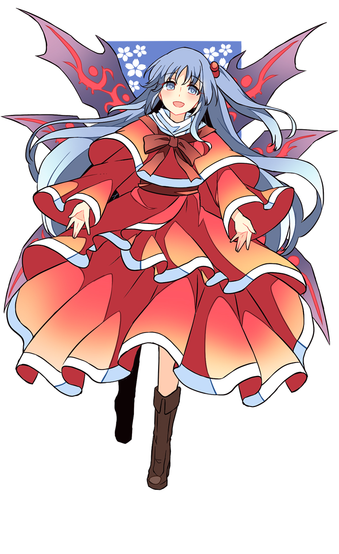 1girl blue_eyes boots dress eyebrows_visible_through_hair hair_bobbles hair_ornament haya_taro_pochi long_hair looking_at_viewer one_side_up open_mouth red_dress ribbon shinki silver_hair simple_background smile solo touhou touhou_(pc-98) wings