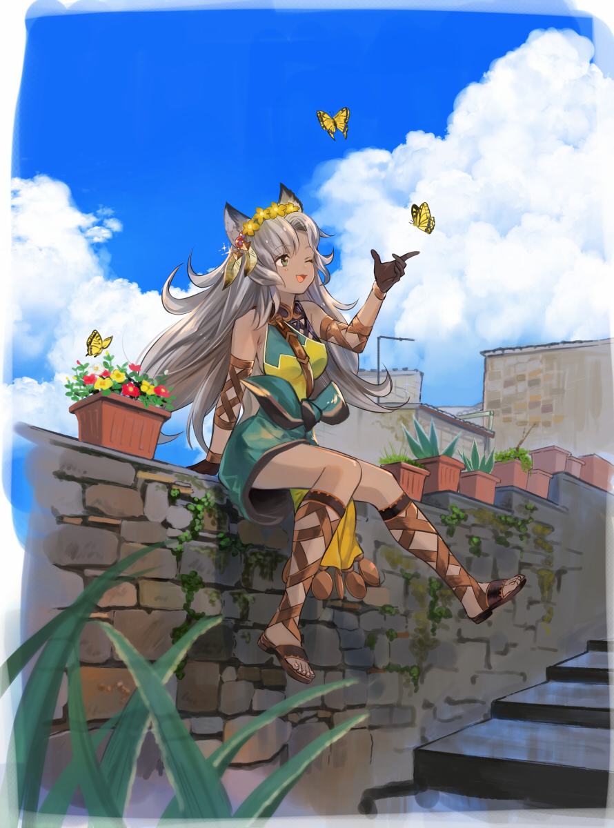 1girl animal_ears black_gloves bug butterfly clouds dark_skin erune flower flower_pot gloves granblue_fantasy hair_flower hair_ornament highres insect long_hair nemone one_eye_closed sitting sitting_on_wall smile umou_(user_xxhp7583)