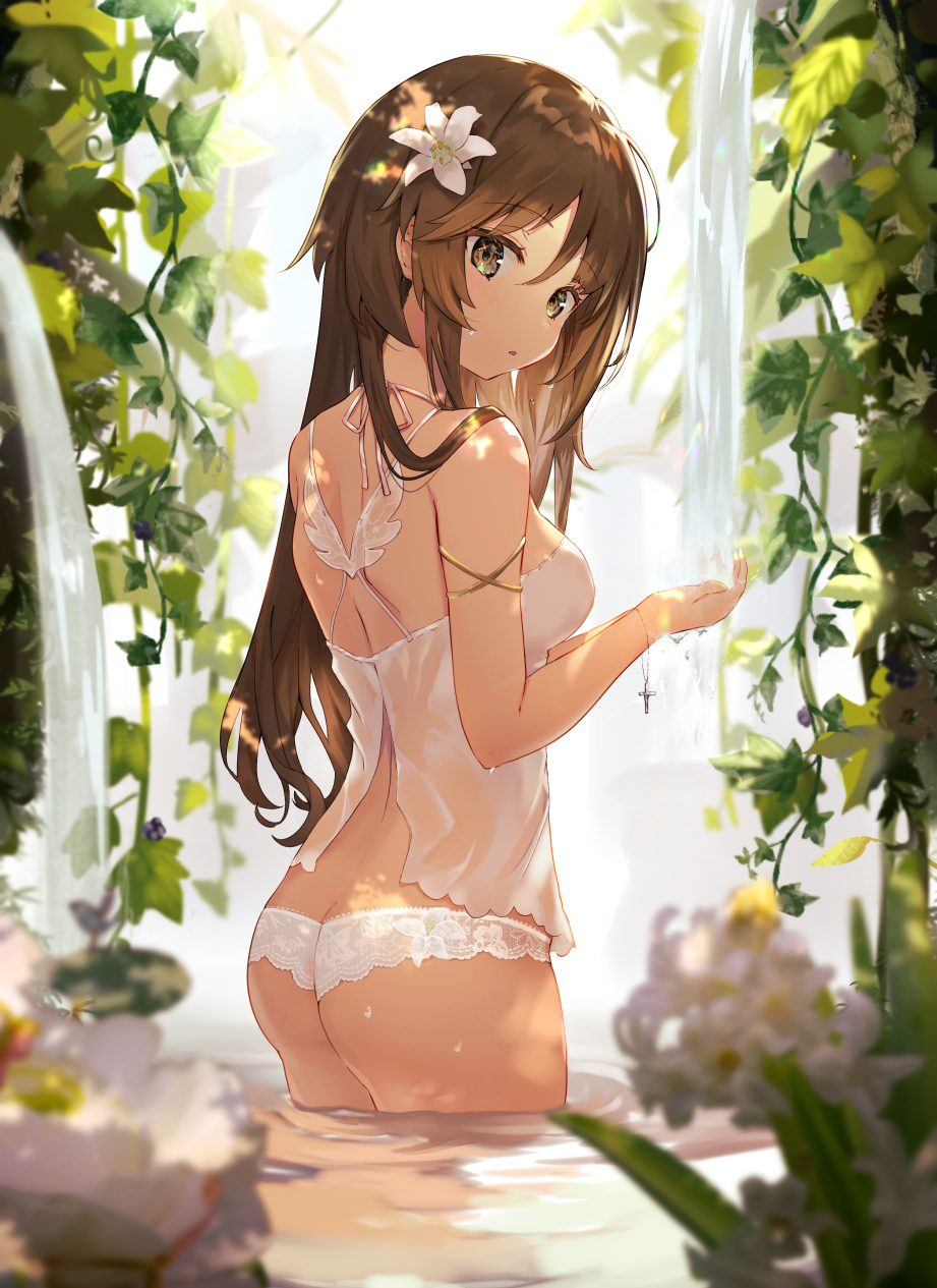 1girl ass babydoll back bare_shoulders blurry bracelet breasts brown_eyes brown_hair commentary_request cross depth_of_field eyebrows_visible_through_hair flower from_behind hair_flower hair_ornament halterneck highres jewelry leaf lingerie long_hair looking_at_viewer looking_back medium_breasts nature omelet_tomato original panties parted_lips plant shade solo touching underwear underwear_only wading water waterfall wet white_flower white_panties
