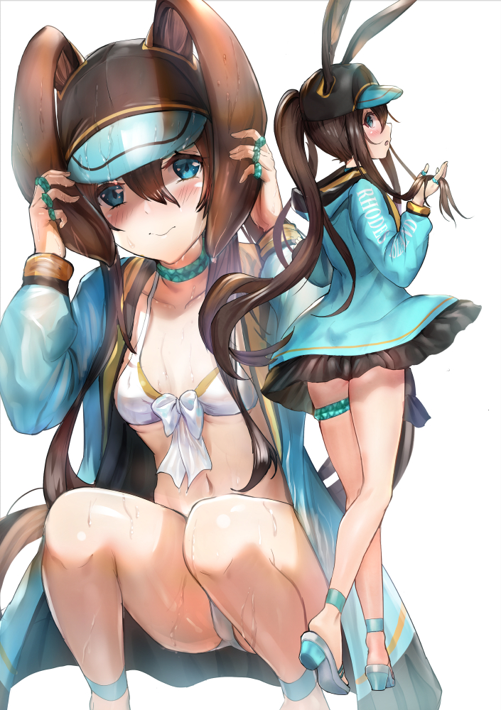 1girl :o amiya_(arknights) animal_ears aqua_choker arknights bare_legs baseball_cap blue_eyes blue_footwear blue_jacket blush breasts brown_hair bunny_girl closed_mouth clothes_writing collarbone dress ears_through_headwear frilled_jacket from_behind hair_between_eyes hat hood hood_down hooded_jacket jacket jewelry long_sleeves looking_at_viewer looking_back multiple_views navel open_clothes open_jacket parted_lips qian_wu_atai rabbit_ears ring sandals simple_background small_breasts squatting standing thighlet two-tone_headwear under_boob wet white_background white_dress