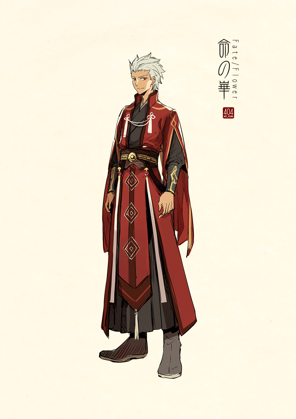 1boy archer arm_guards beige_background boots chinese_clothes closed_mouth dark_skin dark_skinned_male fate_(series) full_body grey_footwear hair_slicked_back hanfu highres long_sleeves looking_at_viewer red_robe robe sash silver_hair simple_background smile solo standing tassel zerocastle