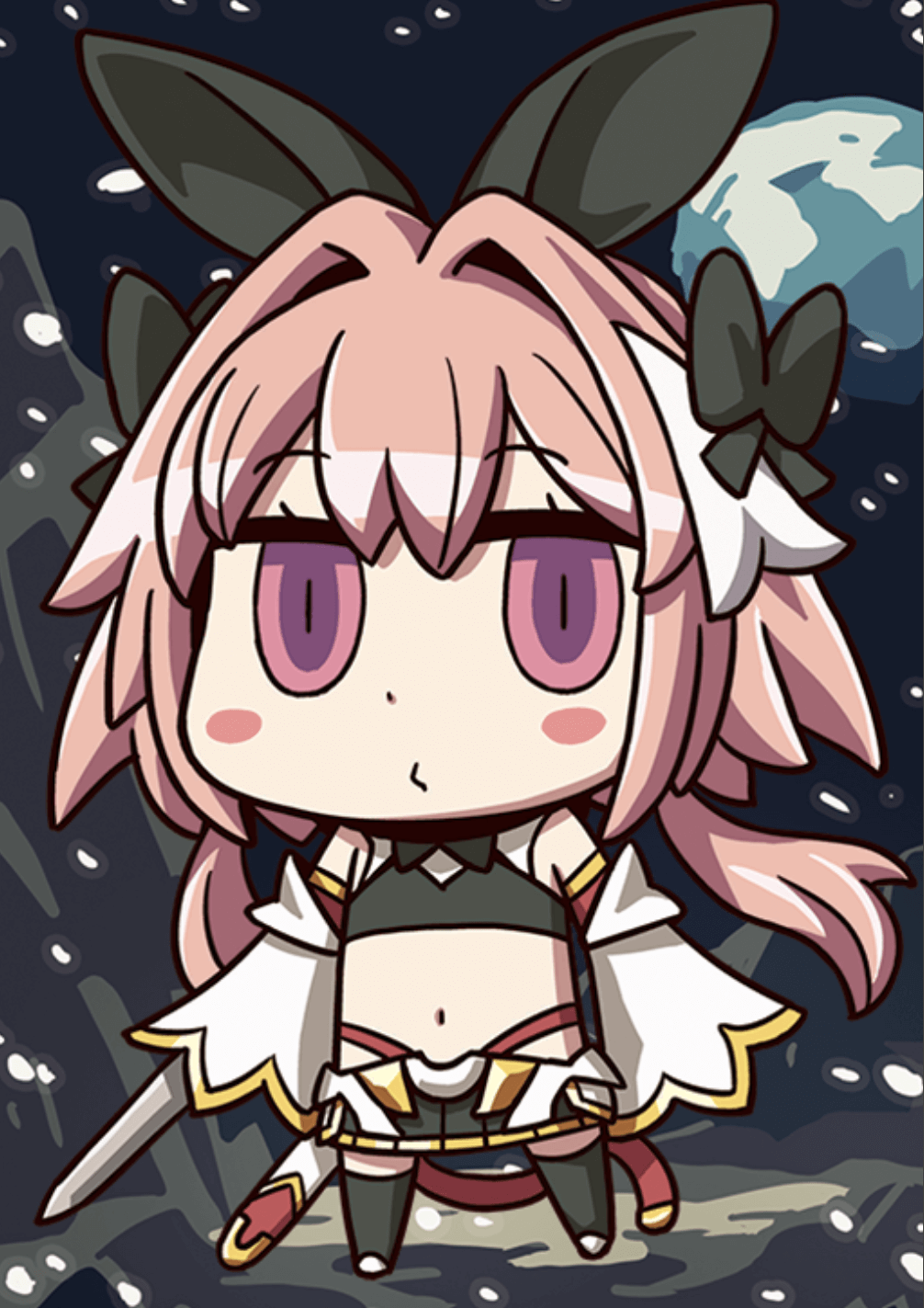 1boy april_fools astolfo_(fate) astolfo_(saber)_(fate) bangs black_bow black_legwear blush_stickers bow chibi detached_sleeves fate/grand_order fate_(series) hair_bow highres holding holding_sword holding_weapon long_hair looking_at_viewer midriff navel official_art otoko_no_ko pink_eyes pink_hair riyo_(lyomsnpmp) sleeves_past_wrists solo sword weapon