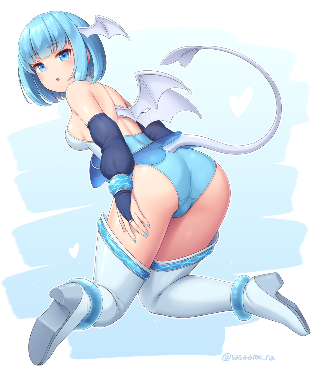 1girl ass bangs bare_shoulders blue_eyes blue_hair blunt_bangs blush boots breasts bridal_gauntlets collar elbow_gloves eyebrows_visible_through_hair gloves head_wings high_heel_boots high_heels kneeling leotard looking_at_viewer looking_back medium_breasts nail_polish original sasaame short_hair solo strapless strapless_leotard tail thigh-highs thigh_boots wings