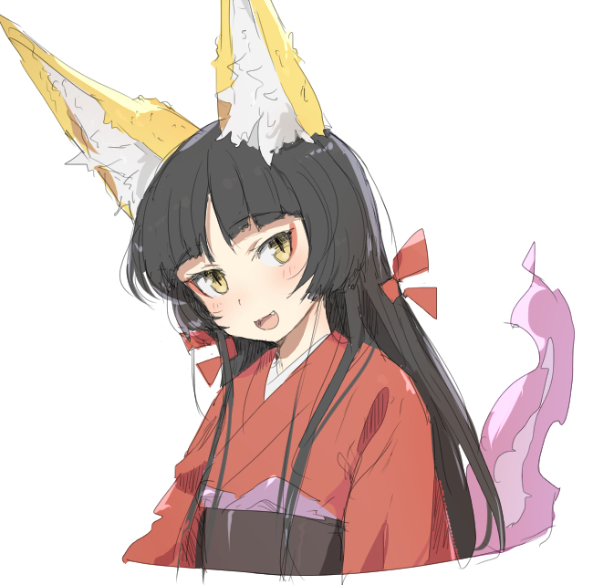 1girl animal_ear_fluff animal_ears bangs black_hair blunt_bangs blush eyebrows_visible_through_hair fang fox_ears fox_girl fox_tail hair_ribbon japanese_clothes kimono long_hair looking_at_viewer mdf_an open_mouth original red_kimono red_ribbon ribbon simple_background sketch smile solo tail upper_body white_background yellow_eyes