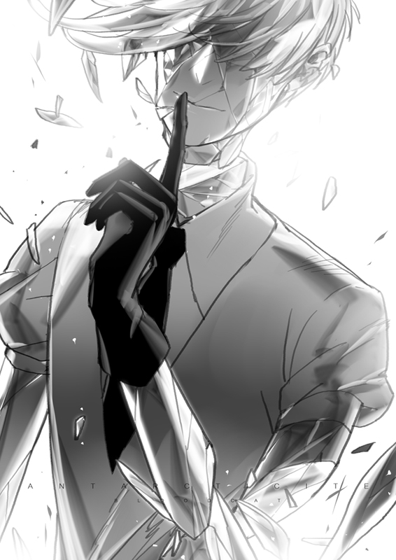 1other amputee antarcticite artist_name black_gloves black_neckwear bloodcat_(babacatcat) broken character_name closed_mouth collared_shirt covered_eyes crack disembodied_limb facing_viewer finger_to_mouth gem_uniform_(houseki_no_kuni) gloves greyscale hair_over_eyes houseki_no_kuni index_finger_raised monochrome necktie puffy_short_sleeves puffy_sleeves shards shirt short_hair short_sleeves shushing simple_background smile solo upper_body white_background