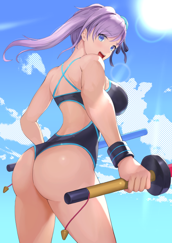 1girl :d ass bangs bare_arms bare_shoulders black_ribbon black_swimsuit blue_eyes blue_sky breasts clouds competition_swimsuit cowboy_shot day dual_wielding eyebrows_visible_through_hair fate/grand_order fate_(series) hair_bun holding large_breasts lens_flare long_hair miyamoto_musashi_(fate/grand_order) miyamoto_musashi_(swimsuit_berserker)_(fate) mokyumokyuchan one-piece_swimsuit open_mouth outdoors purple_hair ribbon sky smile solo sun sweatband swept_bangs swimsuit thighs