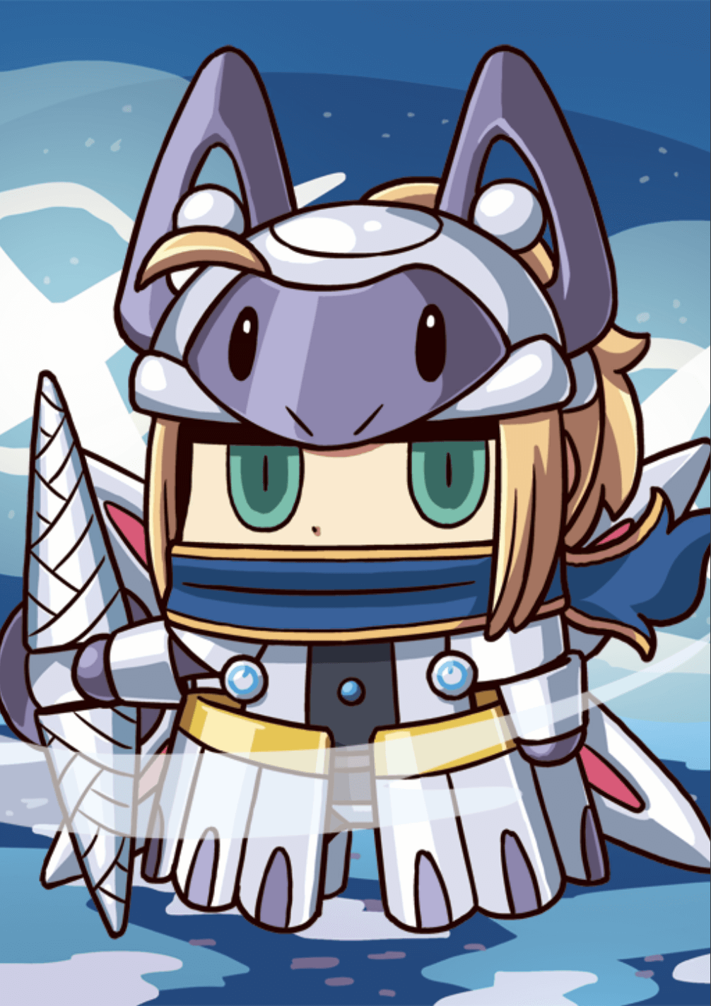 1girl ahoge april_fools armor artoria_pendragon_(all) blonde_hair blue_scarf chibi fate/grand_order fate_(series) gauntlets green_eyes hair_through_headwear helmet highres holding holding_weapon mysterious_heroine_xx_(foreigner) official_art riyo_(lyomsnpmp) scarf solo water weapon