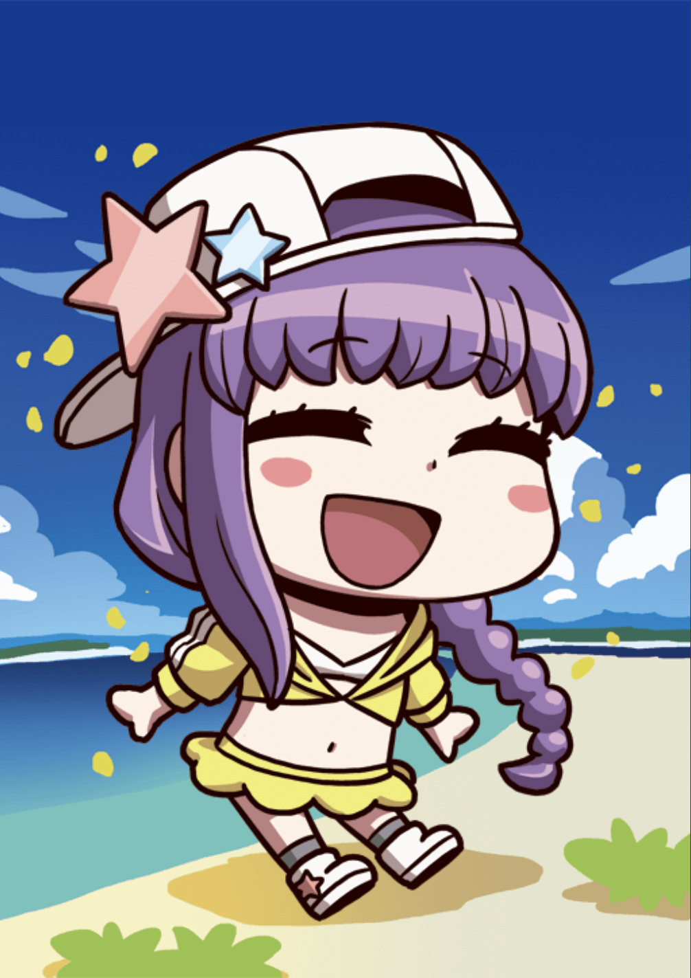 1girl april_fools backwards_hat baseball_cap bb_(fate)_(all) bb_(swimsuit_mooncancer)_(fate) beach blush_stickers braid chibi closed_eyes fate/grand_order fate_(series) hat highres long_hair official_art open_mouth purple_hair riyo_(lyomsnpmp) single_braid smile solo star swimsuit white_headwear