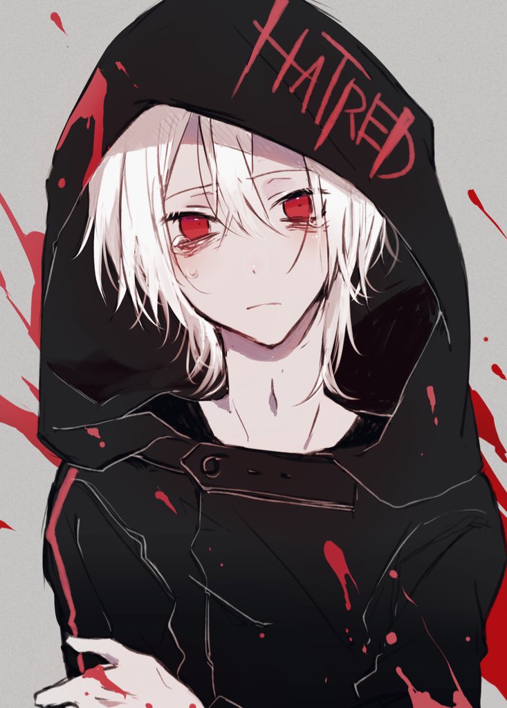 1boy bangs black_jacket closed_mouth clothes_writing eyebrows_visible_through_hair grey_background hair_between_eyes holding_arm hood hood_up jacket looking_at_viewer myuhuaki original red_eyes short_hair simple_background solo teardrop upper_body white_hair