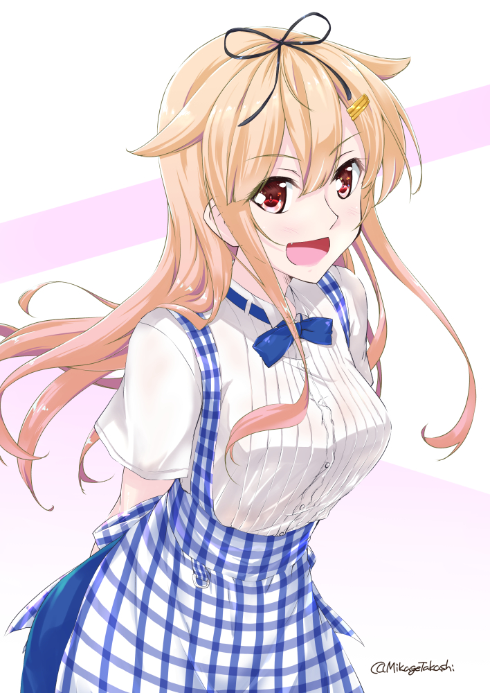 1girl alternate_costume apron arms_behind_back blonde_hair blush bow breasts commentary_request dress employee_uniform fang gingham gingham_apron hair_flaps hair_ornament hair_ribbon hairclip kantai_collection kobeya koubeya_uniform long_hair medium_breasts mikage_takashi open_mouth plaid plaid_apron remodel_(kantai_collection) ribbon short_sleeves skirt smile solo twitter_username uniform waitress yuudachi_(kantai_collection)