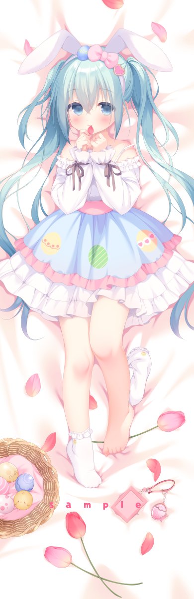 1girl animal_ears bare_shoulders barefoot basket bed_sheet blue_eyes blue_skirt blush bobby_socks bow closed_mouth commentary_request dakimakura easter easter_egg egg flower frilled_skirt frills green_hair hair_bow hands_up heart highres long_hair long_sleeves looking_at_viewer lying no_shoes off-shoulder_shirt off_shoulder on_back original petals pink_bow pink_flower piyodera_mucha puffy_long_sleeves puffy_sleeves rabbit_ears red_flower sample shirt single_sock skirt sleeves_past_wrists smile socks socks_removed solo tulip twintails very_long_hair white_legwear white_shirt