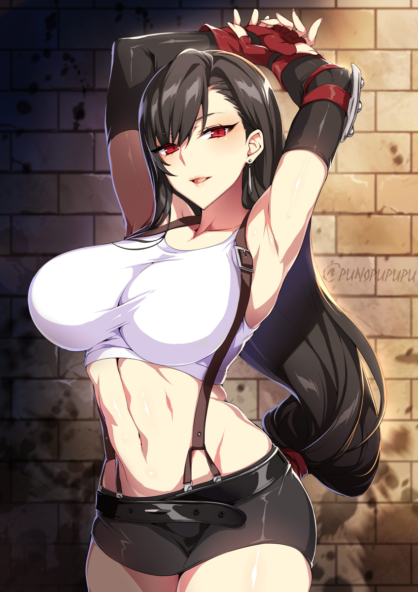 1girl abs armpits arms_up bangs belt black_hair black_skirt blush breasts earrings elbow_pads final_fantasy final_fantasy_vii fingerless_gloves gloves highres jewelry large_breasts long_hair looking_at_viewer low-tied_long_hair midriff miniskirt navel open_mouth pencil_skirt red_eyes red_gloves shirt skirt smile solo suspender_skirt suspenders swept_bangs tank_top taut_clothes taut_shirt thighs tifa_lockhart white_tank_top zeroshiki_kouichi