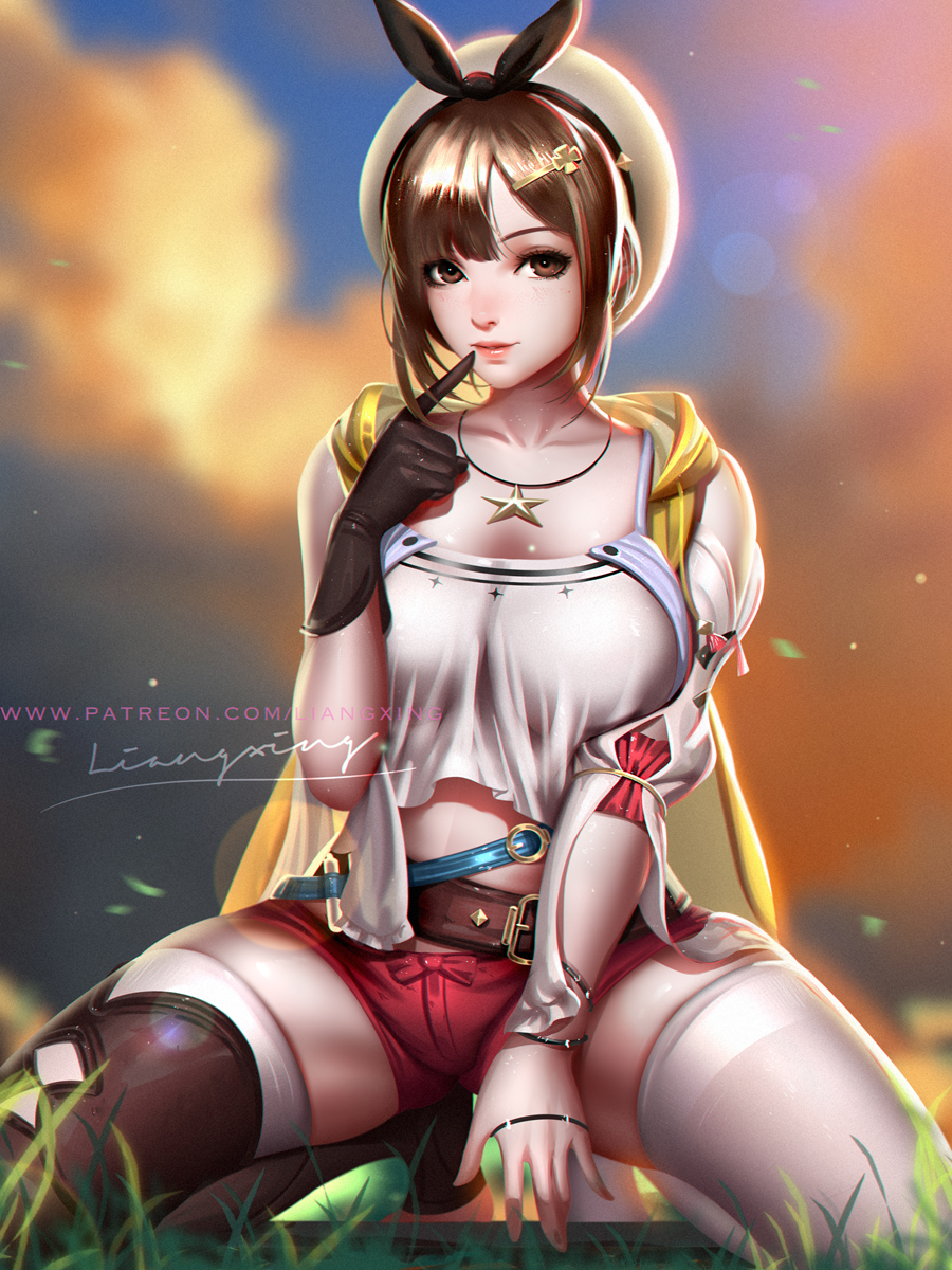 1girl atelier_(series) atelier_ryza bangs belt blurry blurry_background boots breasts brown_belt brown_eyes brown_gloves brown_hair finger_to_mouth gloves hair_ornament hairclip hat highres jacket jewelry kneeling leather leather_belt leather_gloves liang_xing lips looking_at_viewer medium_breasts necklace red_shorts reisalin_stout short_hair short_shorts shorts signature single_glove sleeveless sleeveless_jacket solo star star_necklace thigh-highs toeless_boots watermark web_address white_headwear white_legwear yellow_jacket