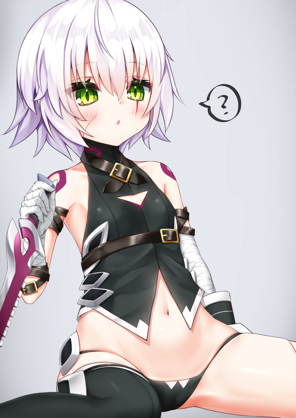 1girl ? arm_belt bandaged_arm bandages bangs bare_shoulders black_gloves black_legwear black_panties black_vest blush breasts dagger elbow_gloves facial_scar fate/apocrypha fate/grand_order fate_(series) gloves green_eyes grey_hair hair_between_eyes highres holding holding_dagger holding_weapon jack_the_ripper_(fate/apocrypha) looking_at_viewer lowleg lowleg_panties navel panties scar scar_across_eye scar_on_cheek short_hair shoulder_tattoo single_glove sitting solo tattoo thigh-highs thighs underwear vest weapon white_hair