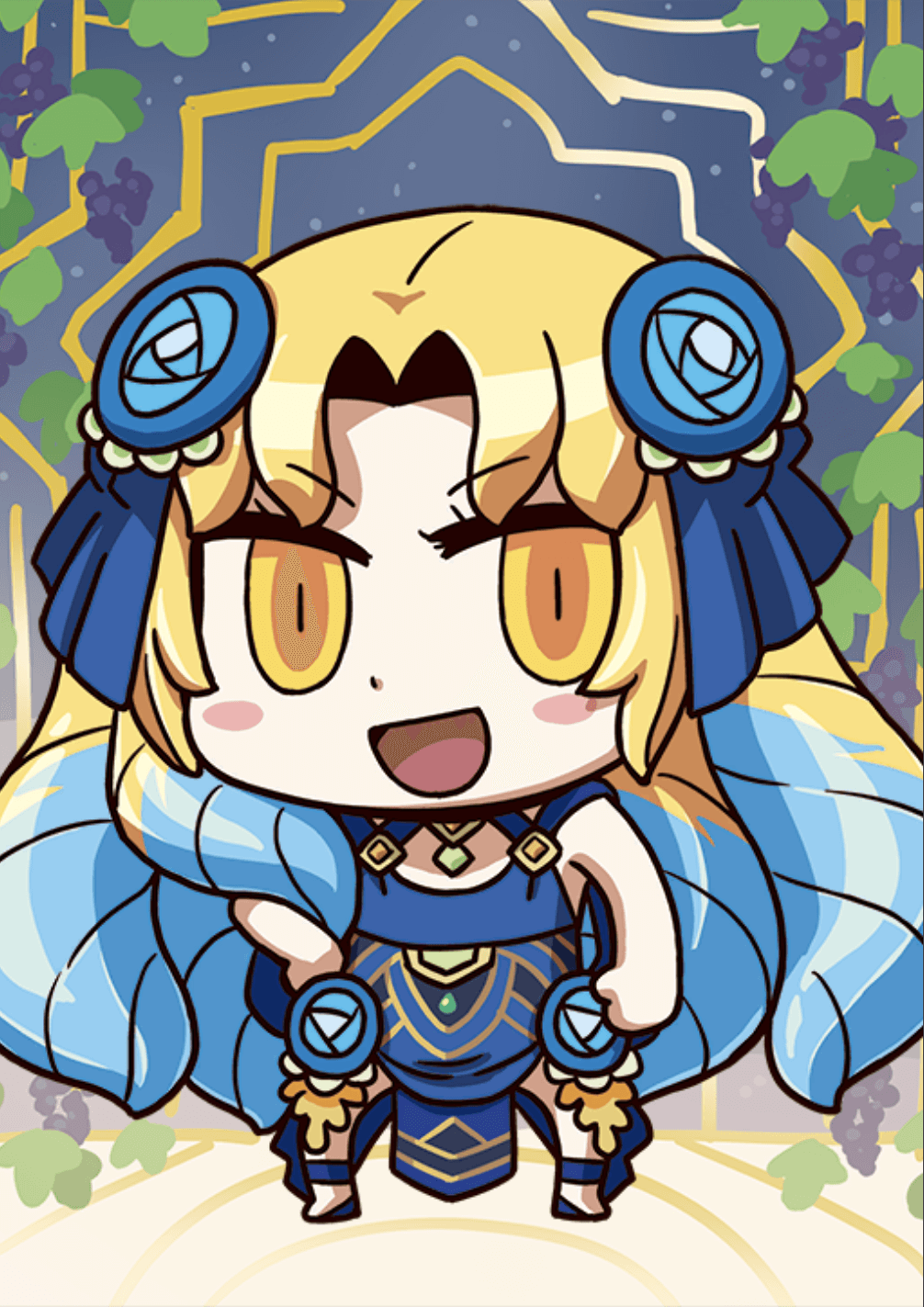 1girl april_fools astraea_(fate/grand_order) blonde_hair blue_hair blush_stickers chibi drill_hair fate/grand_order fate_(series) food fruit grapes hair_ornament highres long_hair looking_at_viewer multicolored_hair official_art open_mouth quad_drills riyo_(lyomsnpmp) sleeveless smile solo two-tone_hair yellow_eyes