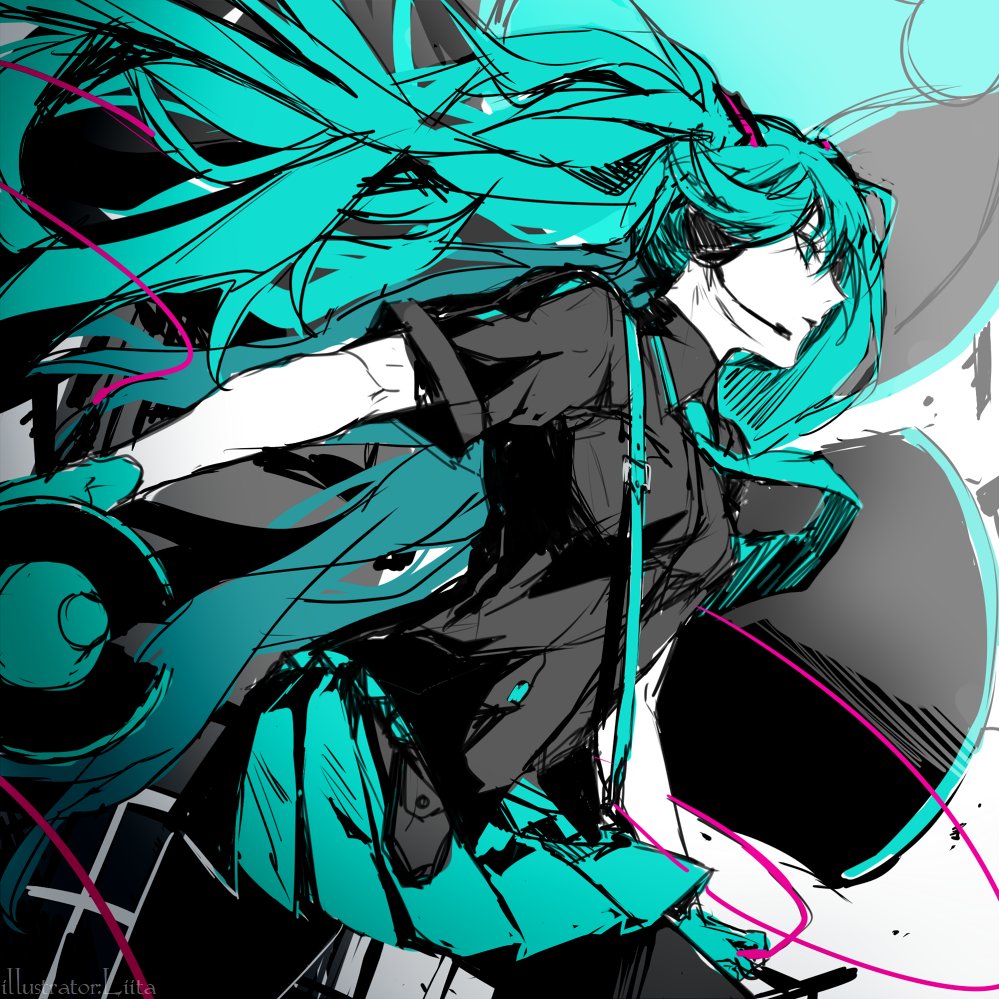 1girl aqua_eyes aqua_gloves aqua_hair aqua_skirt black_shirt cable commentary from_side gloves hair_ornament hatsune_miku headphones headset holding_megaphone koi_wa_sensou_(vocaloid) long_hair megaphone outstretched_arm oversized_object pantyhose parted_lips pleated_skirt shirt short_sleeves sketch skirt solo tsurime twintails very_long_hair vocaloid white_skin yamiluna39