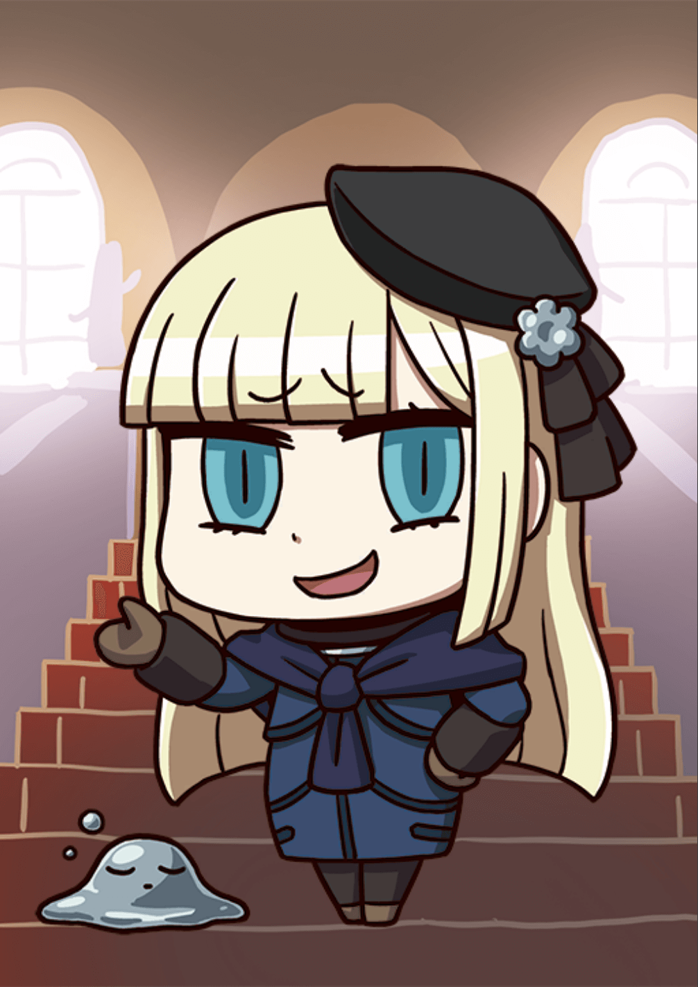 1girl april_fools aqua_hair black_headwear blonde_hair brown_gloves bubble_slime chibi closed_eyes dragon_quest fate/grand_order fate_(series) gloves grey_flower hand_on_hip hat highres long_hair long_sleeves looking_at_viewer lord_el-melloi_ii_case_files metal_slime official_art open_mouth reines_el-melloi_archisorte riyo_(lyomsnpmp) smile smirk solo_focus stairs trimmau