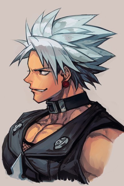 1boy belt_collar black_jacket blue_hair chipp_zanuff collar earrings grey_background grin guilty_gear guilty_gear_xrd hankuri jacket jewelry parted_lips profile simple_background smile smirk solo upper_body