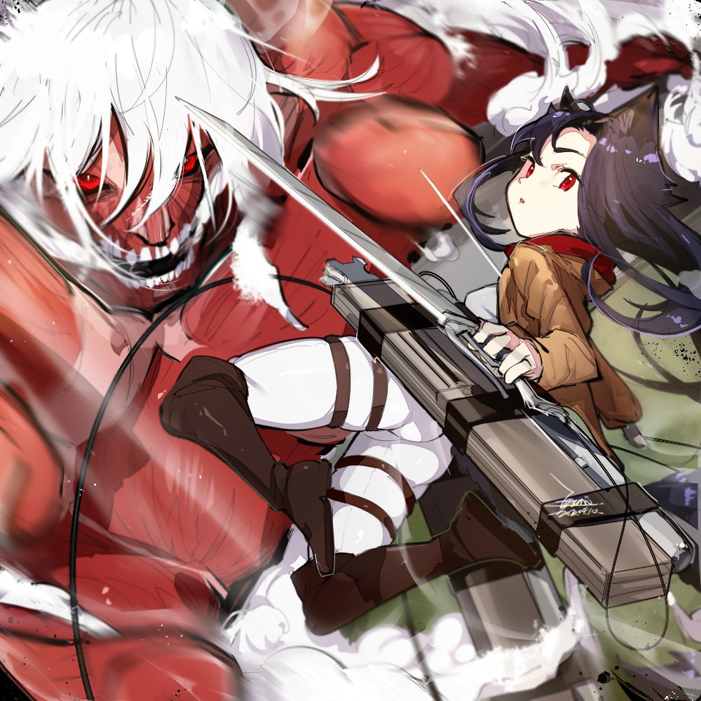 1girl animal_ears black_hair boots breasts brown_footwear brown_jacket commentary_request dated ejami ekko_(ejami) fox_ears fox_girl giant holding holding_weapon jacket long_hair looking_at_viewer original paradis_military_uniform red_eyes shingeki_no_kyojin signature sword tail thigh_strap three-dimensional_maneuver_gear weapon white_hair
