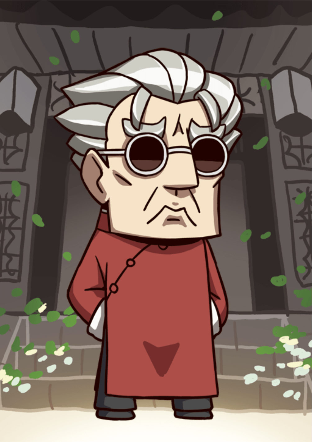 1boy april_fools changpao chibi chinese_clothes fate/extra fate/grand_order fate_(series) frown grey_hair hands_in_pockets highres leaf li_shuwen_(fate) long_sleeves official_art riyo_(lyomsnpmp) round_eyewear short_hair solo stairs sunglasses