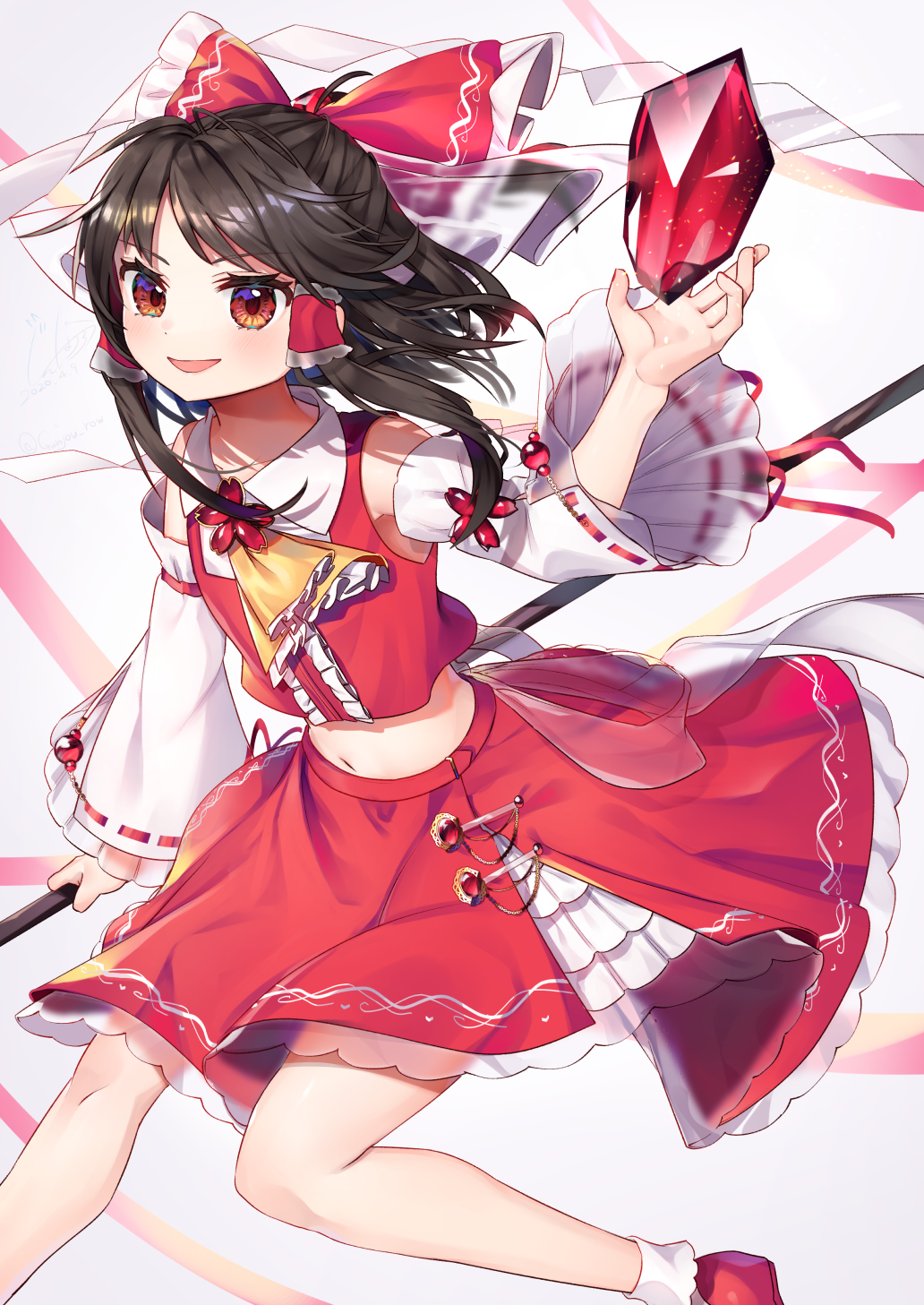 1girl :d adapted_costume ankle_socks arm_up armpit_peek beads black_hair bow commentary_request cravat crystal detached_sleeves feet_out_of_frame folded_leg gohei grey_background gunjou_row hair_bow hair_tubes hakurei_reimu highres holding looking_at_viewer medium_hair midriff navel open_mouth petticoat pink_ribbon ponytail red_eyes red_footwear red_skirt red_vest ribbon see-through_skirt see-through_sleeves simple_background skirt skirt_set smile solo touhou vest white_legwear yellow_neckwear