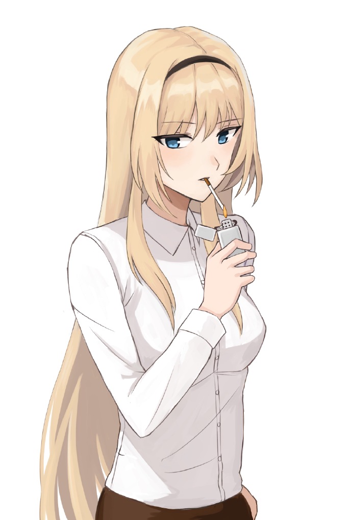 1girl an-94_(girls_frontline) blonde_hair breasts fire girls_frontline green_eyes hairband lighter long_hair looking_at_viewer shirt silayloe small_breasts smoke smoking solo white_background white_shirt