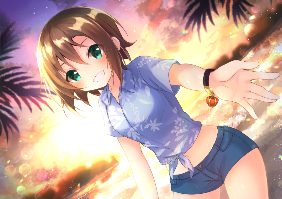 1girl bangs beach blue_shirt blue_shorts blurry blurry_background blush bracelet breasts brown_hair collared_shirt cowboy_shot denim denim_shorts dress_shirt dusk dutch_angle green_eyes grin hair_between_eyes idolmaster idolmaster_cinderella_girls jewelry lens_flare looking_at_viewer midriff navel outdoors palm_tree print_shirt rocomani shiny shiny_hair shirt short_hair short_shorts shorts small_breasts smile solo sparkle standing stomach tada_riina tied_shirt tree wing_collar