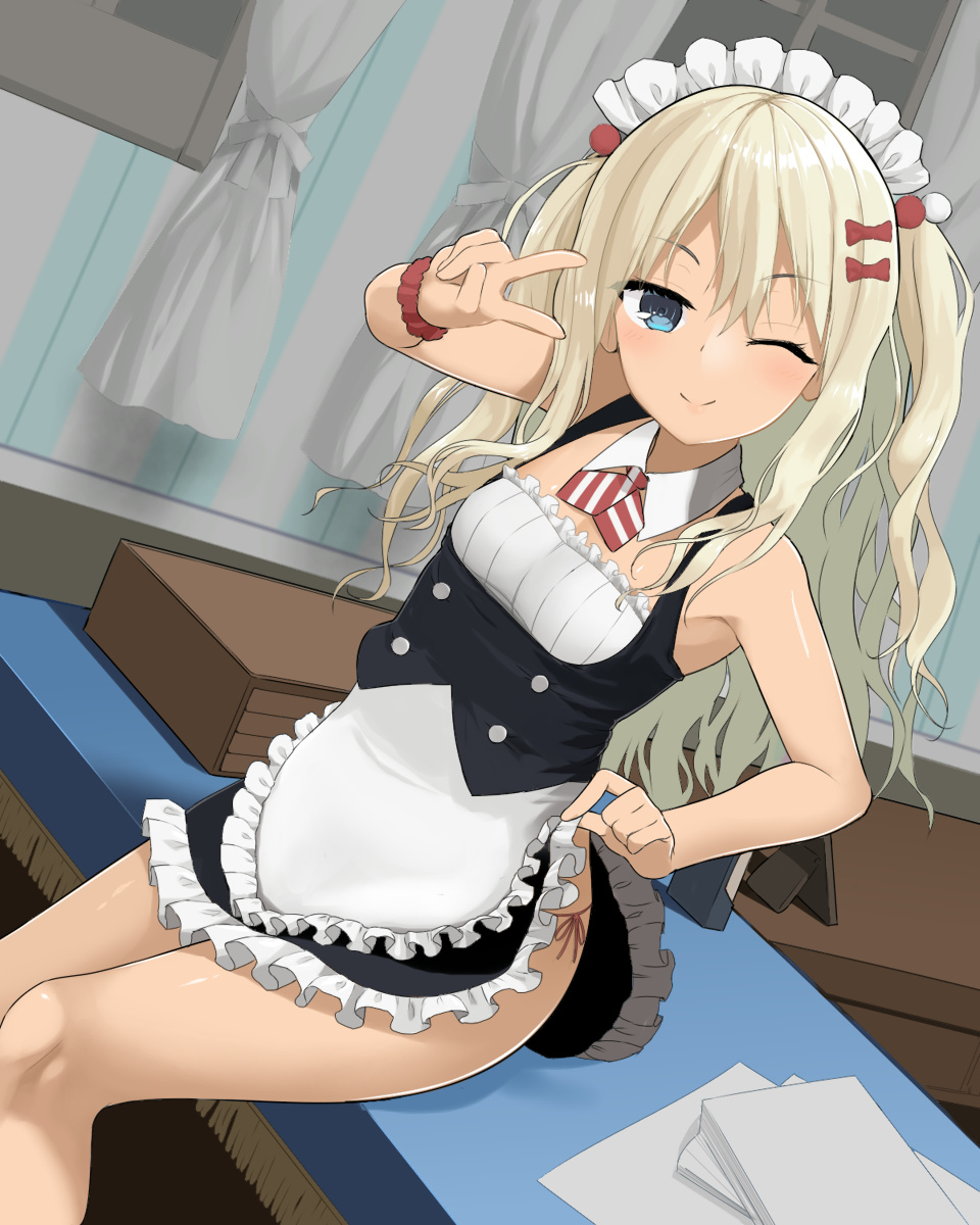 1girl ;) alternate_costume apron arm_up bare_arms bare_legs bare_shoulders black_dress blonde_hair blue_eyes blush bow breasts closed_mouth commentary_request curtains desk detached_collar dress dress_lift dutch_angle enmaided feet frilled_apron frilled_dress frills grecale_(kantai_collection) hair_bow highres indoors kantai_collection kuronaga lifted_by_self looking_at_viewer maid maid_headdress on_desk one_eye_closed panties paper red_bow side-tie_panties sidelocks sitting sleeveless sleeveless_dress small_breasts smile solo tablecloth two_side_up underwear v waist_apron white_apron