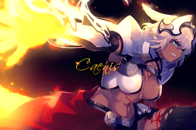 1girl abs animal_ears bangs black_bikini_bottom black_gloves black_legwear blue_eyes body_markings breasts caenis_(fate) cape character_name cis05 dark_skin elbow_gloves fate/grand_order fate_(series) fire gauntlets gloves grin hair_intakes headpiece large_breasts long_hair navel outstretched_arm pauldrons red_cape smile solo tattoo thigh-highs waist_cape white_bikini_top