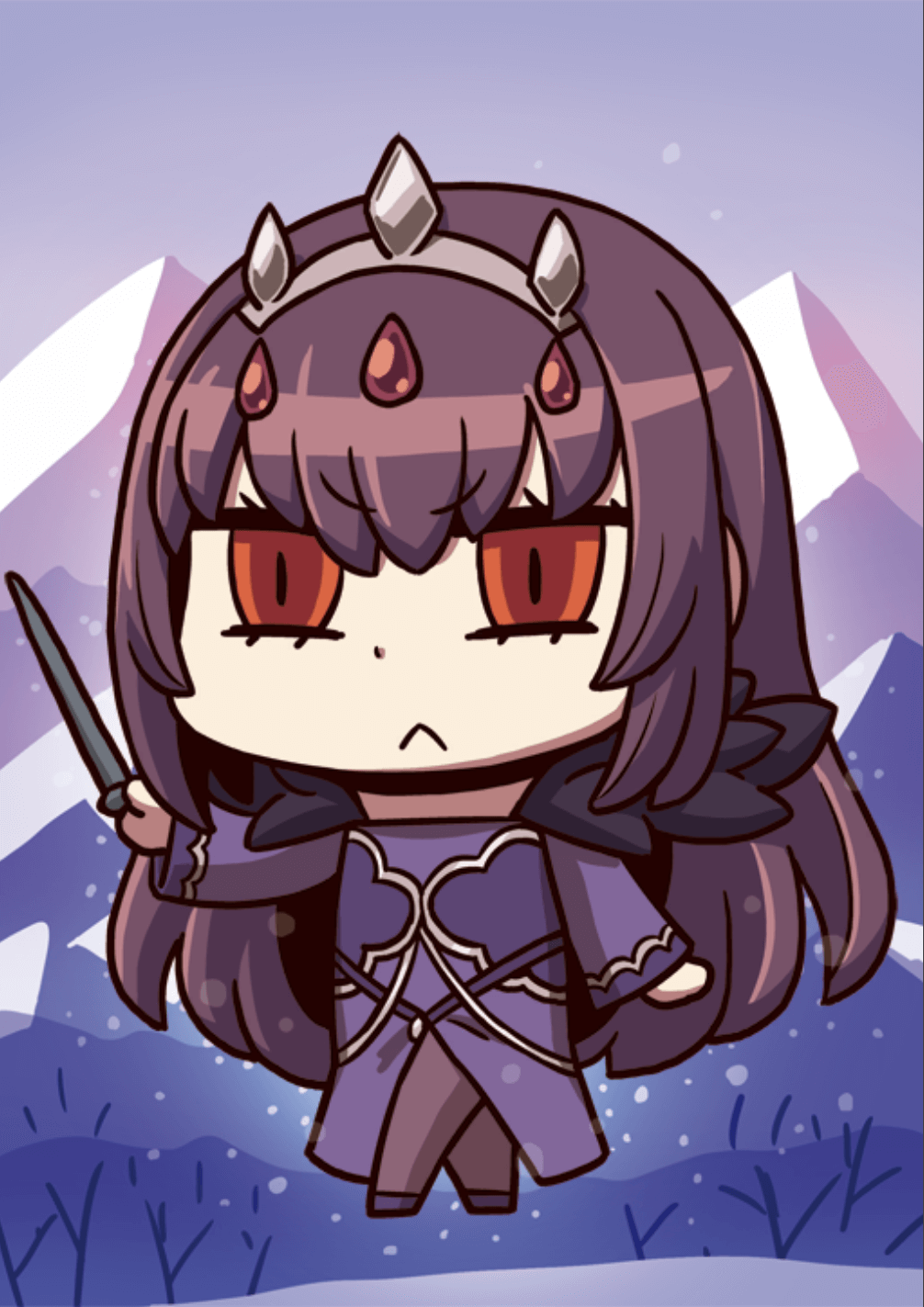 &gt;:( 1girl :&lt; april_fools chibi dress fate/grand_order fate_(series) floating highres holding holding_wand long_hair mountain official_art purple_dress purple_hair red_eyes riyo_(lyomsnpmp) scathach_(fate)_(all) scathach_skadi_(fate/grand_order) snowing solo tiara wand