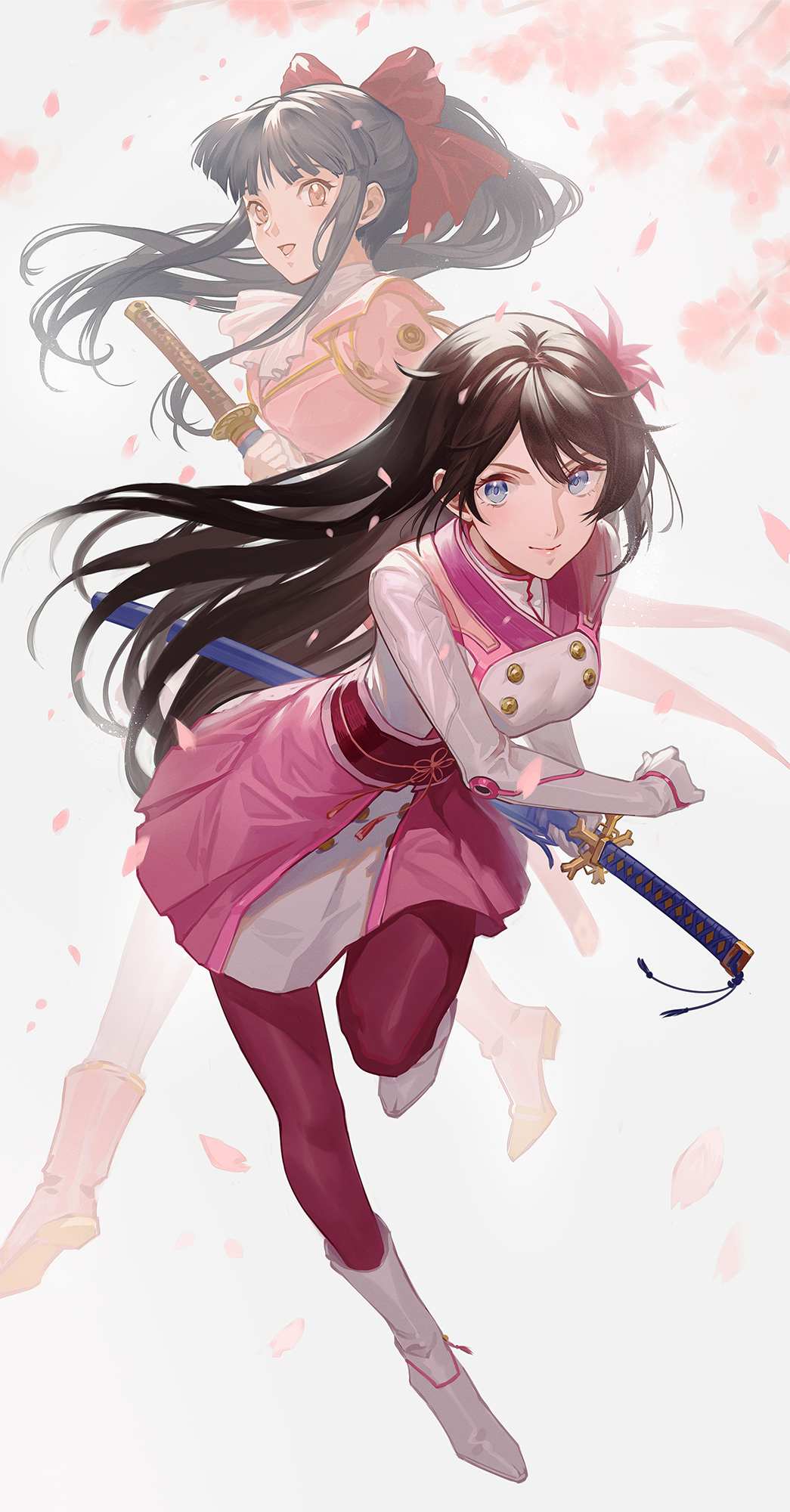 2girls amamiya_sakura black_hair blue_eyes bow brown_eyes brown_hair ekao full_body highres katana long_hair looking_at_viewer multiple_girls namesake pantyhose ponytail purple_legwear red_bow sakura_taisen sheath shin_sakura_taisen shinguuji_sakura sword two-tone_dress weapon