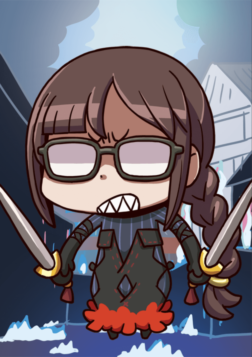 1girl april_fools bangs black_dress braid brown_hair chibi clenched_teeth consort_yu_(fate) dress dual_wielding fate/grand_order fate_(series) glasses highres holding holding_sword holding_weapon long_hair official_art opaque_glasses pinstripe_dress riyo_(lyomsnpmp) shaded_face sharp_teeth single_braid solo sword teeth very_long_hair weapon