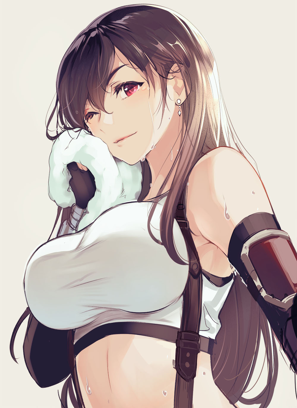 1girl black_hair breasts chachie closed_mouth final_fantasy final_fantasy_vii grey_background highres large_breasts light_smile long_hair looking_at_viewer one_eye_closed red_eyes simple_background smile solo suspenders sweat tank_top tifa_lockhart towel upper_body