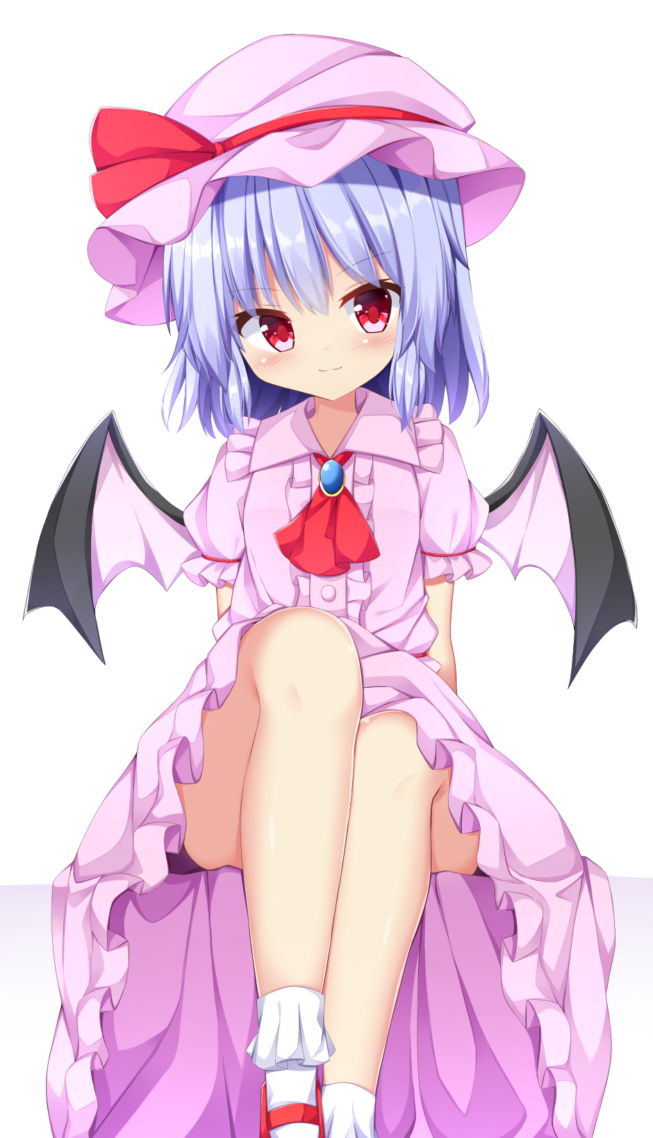 bare_legs blue_hair dress eyebrows_visible_through_hair facing_viewer frilled_dress frilled_legwear frills hat highres kuraaken long_skirt looking_to_the_side petite red_eyes remilia_scarlet sitting skirt smile socks thighs touhou under_skirt wings