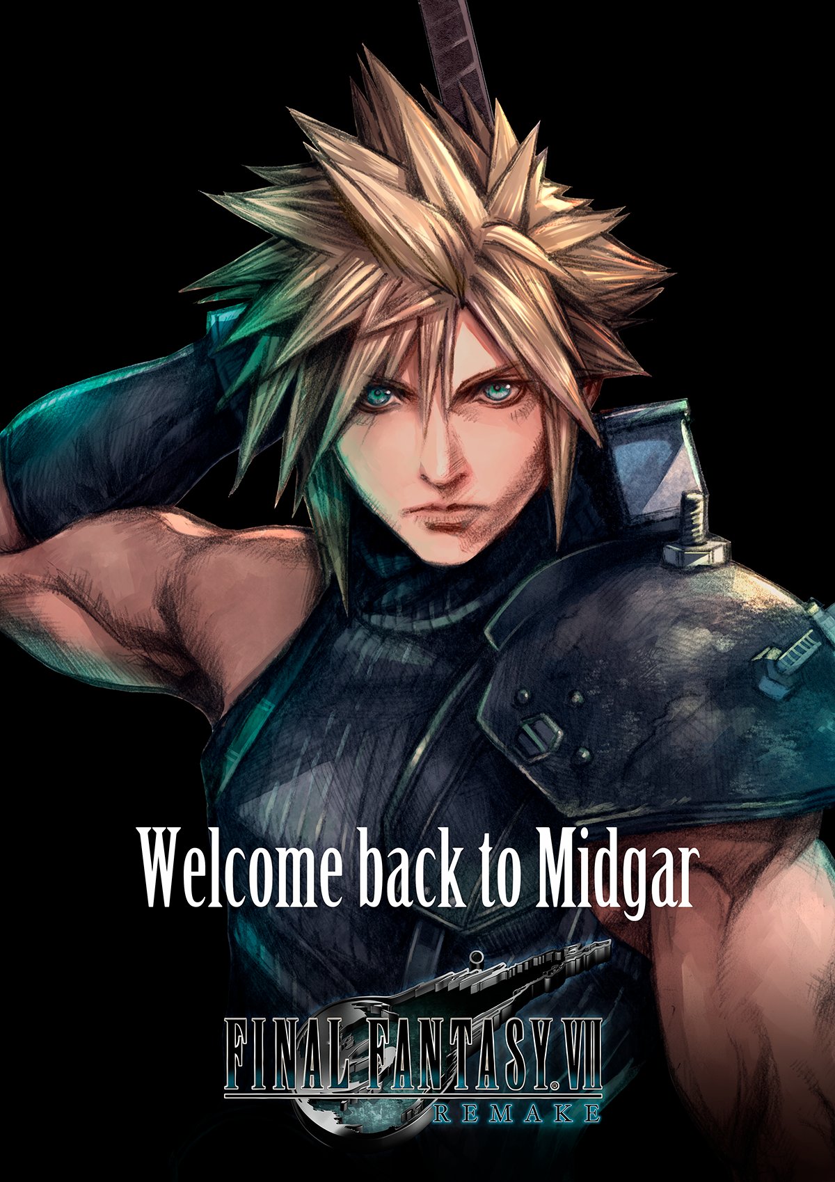 1boy biceps black_background blonde_hair cloud_strife copyright_name english_text final_fantasy final_fantasy_vii final_fantasy_vii_remake highres logo looking_at_viewer nomura_tetsuya official_art serious shoulder_armor sleeveless sleeveless_turtleneck solo spiky_hair sword turtleneck upper_body weapon weapon_on_back