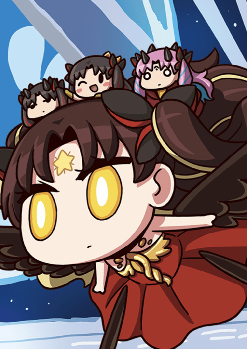 4girls april_fools black_bow black_hair black_wings blush_stickers bow chibi facial_mark fate/grand_order fate_(series) feathered_wings flying forehead_mark giantess hair_bow highres horns ishtar_(fate)_(all) long_hair multiple_girls multiple_persona o_o official_art on_person one_eye_closed pink_hair riding riyo_(lyomsnpmp) smile space_ishtar_(fate) star twintails wings yellow_eyes