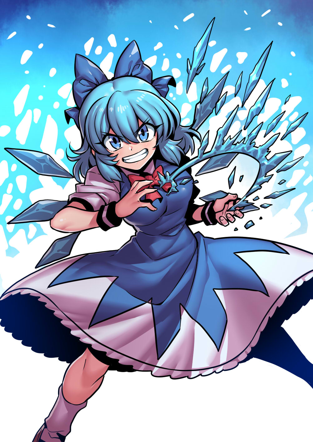 &gt;:) 1girl bare_arms blue_dress blue_eyes blue_hair bow bowtie cirno dress feet_out_of_frame fighting_stance grin hair_bow hands_up highres ice ice_wings looking_at_viewer medium_dress medium_hair red_bow short_sleeves smile socks solo touhou tsuki_wani v-shaped_eyebrows wings wristband