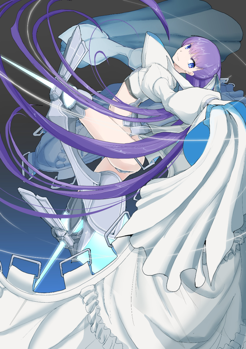 1girl armored_boots bangs blue_eyes boots boushi-ya fate/grand_order fate_(series) hair_ribbon highres long_hair meltryllis navel puffy_sleeves purple_hair ribbon sleeves_past_fingers sleeves_past_wrists smile solo spikes very_long_sleeves white_ribbon