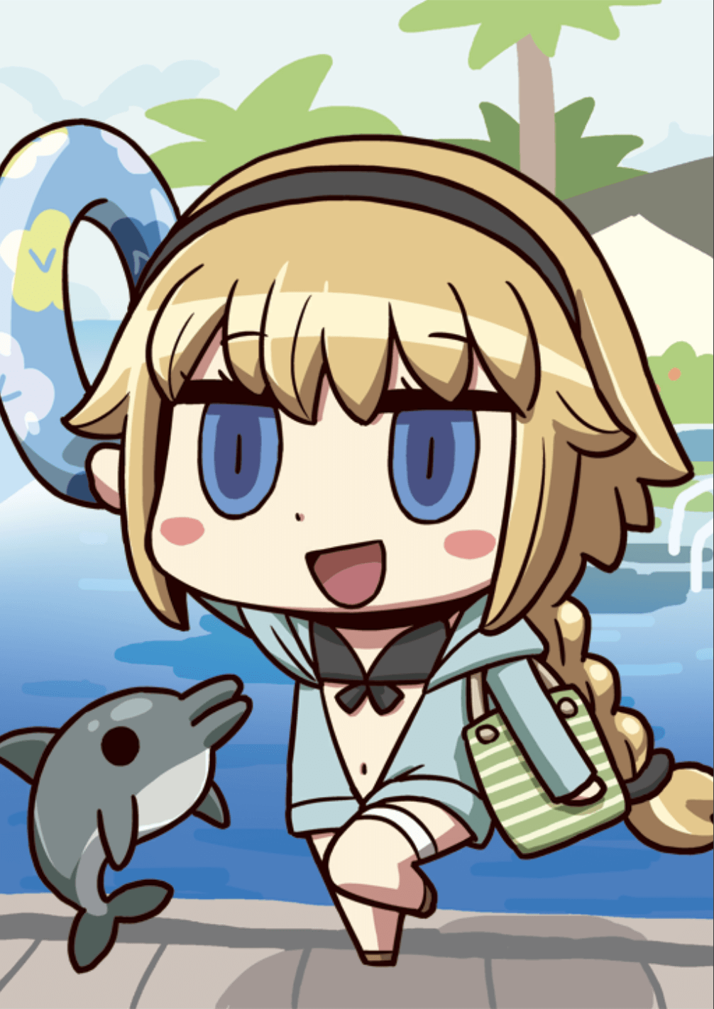1girl animal april_fools bangs black_bikini_top black_hairband blonde_hair blush_stickers chibi dolphin fate/grand_order fate_(series) hairband highres holding innertube jeanne_d'arc_(fate)_(all) jeanne_d'arc_(swimsuit_archer) long_hair navel official_art open_mouth riyo_(lyomsnpmp) shadow smile solo_focus