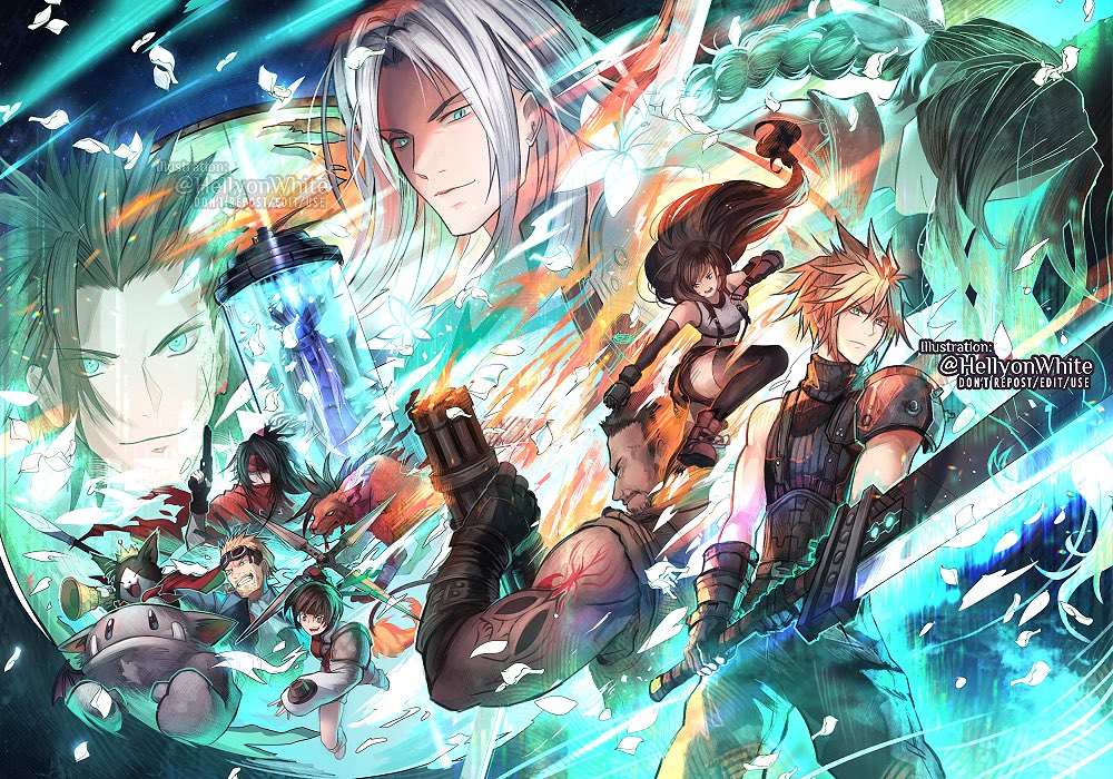 aerith_gainsborough arm_tattoo barret_wallace buster_sword cait_sith cid_highwind cloud_strife dark_skin dark_skinned_male everyone fangs final_fantasy final_fantasy_vii final_fantasy_vii_remake fingerless_gloves gatling_gun gloves gun handgun headband jenova looking_at_viewer megaphone moogle paula_biedma red_xiii scar sephiroth shuriken spiky_hair sword tattoo thigh-highs tifa_lockhart vincent_valentine weapon yuffie_kisaragi zack_fair